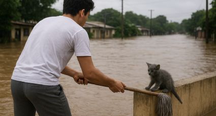 ¡Héroe! Joven rescata a gatito en inundaciones de Poza Rica y el video conmueve en redes sociales