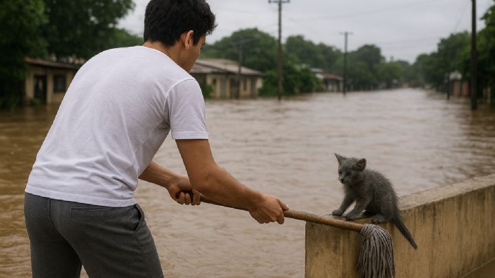¡Héroe! Joven rescata a gatito en inundaciones de Poza Rica y el video conmueve en redes sociales