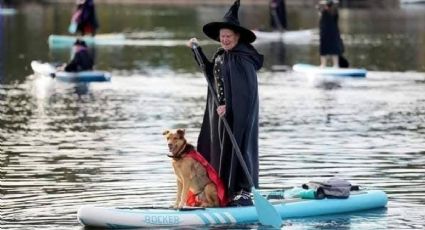 Brujas y perritos recorren un lago de Nueva Jersey en un concurso de paddleboard poco usual